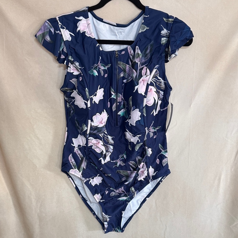 Women’s Navy Floral One-Piece Swimsuit with Front Zip